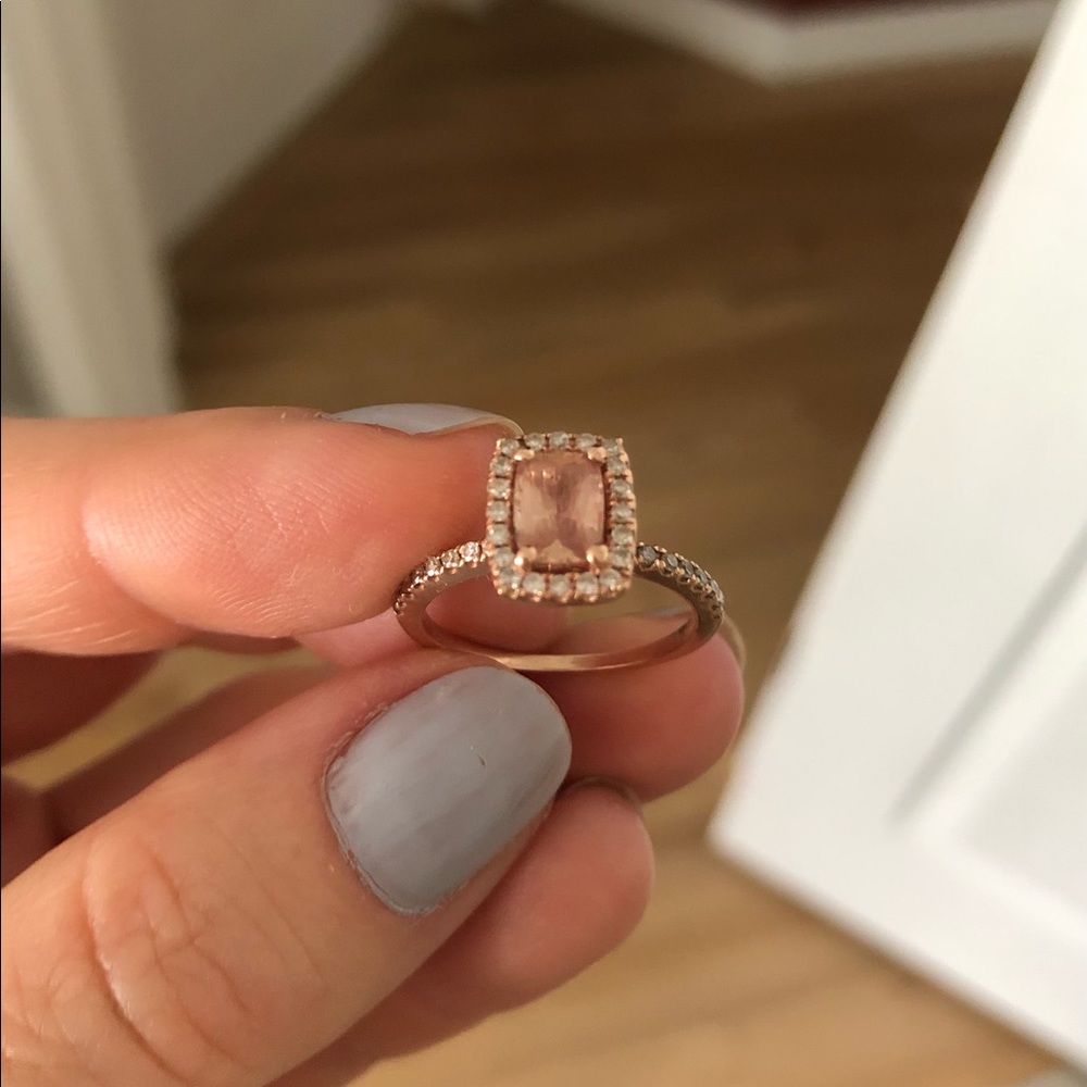 14k rose gold, diamond and emerald cut peach sapphire engagement ring - Picture 12 of 16
